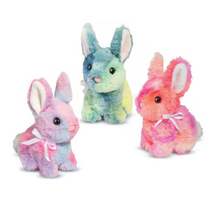 all three colors of tie dye bunnies displayed on a white background