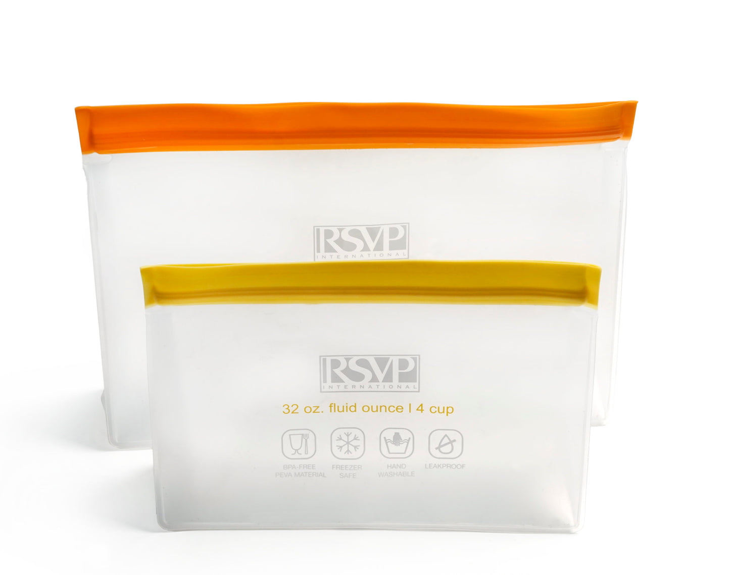 large and small reusable storage bags on white background.