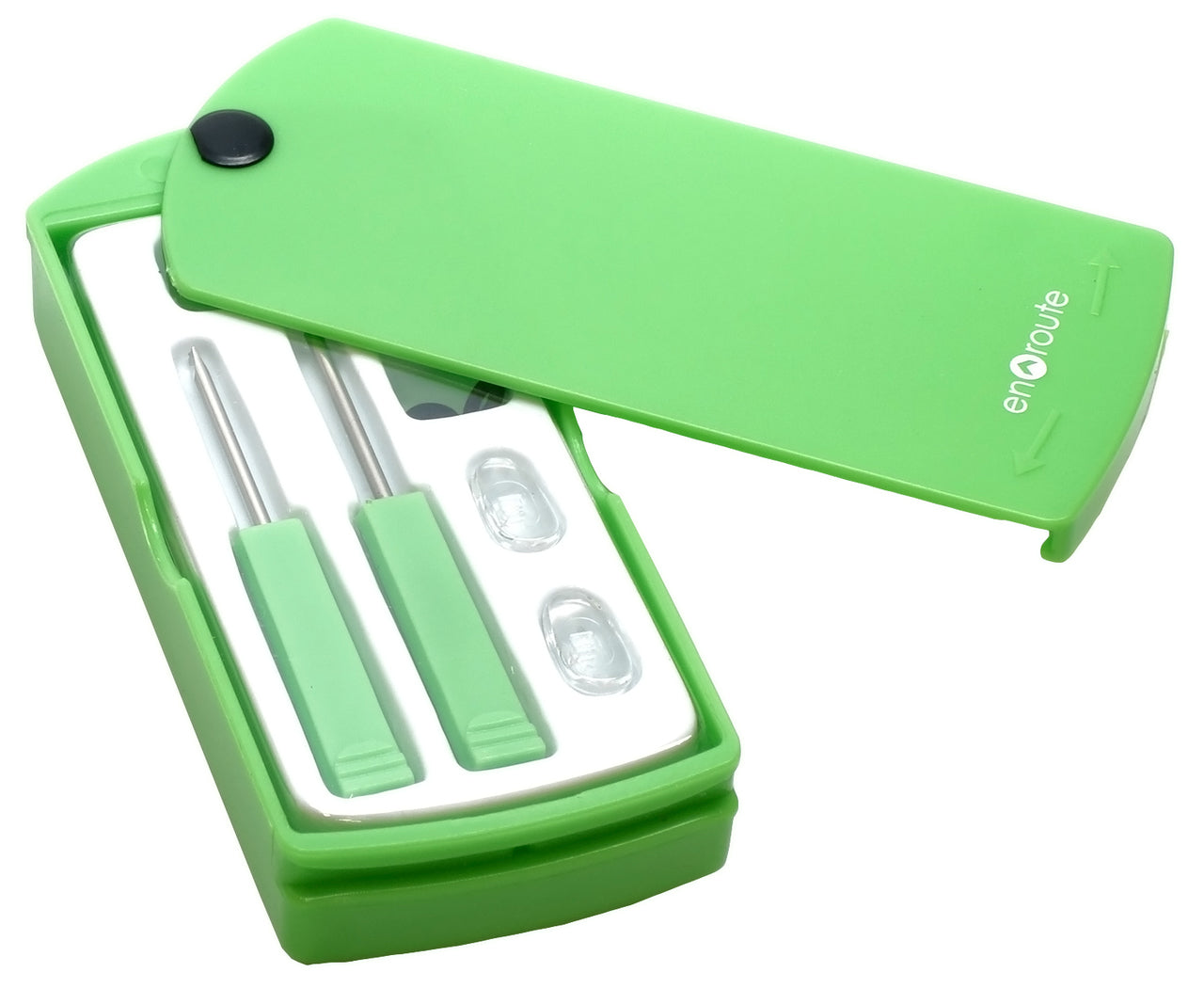 green handy eyeglass repair kit open on a white background