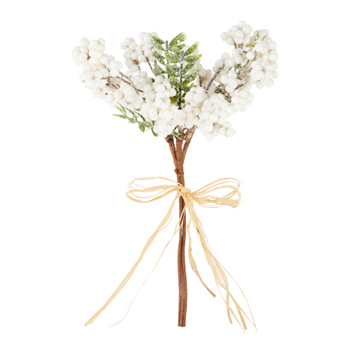 stem with white berry clusters and green leaves, a raffia bow is tied on the stem.