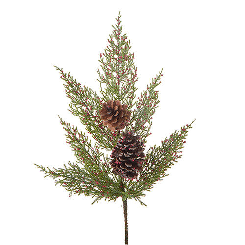 artificial evergreen stem with little red berries all over and 2 pinecones in it.