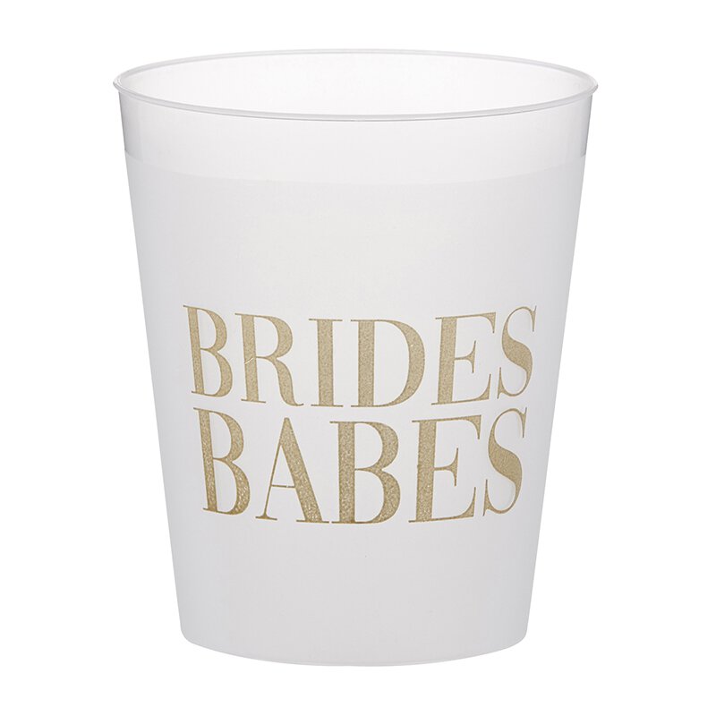 white frosted plastic cup with "brides babes" printed in gold.