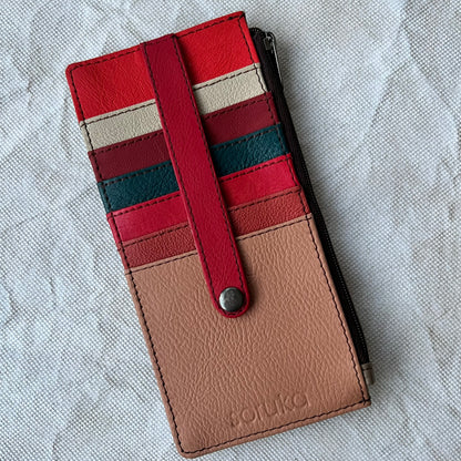 opposite side of card holder with colorful card slots, snap tab, and side zipper pocket.