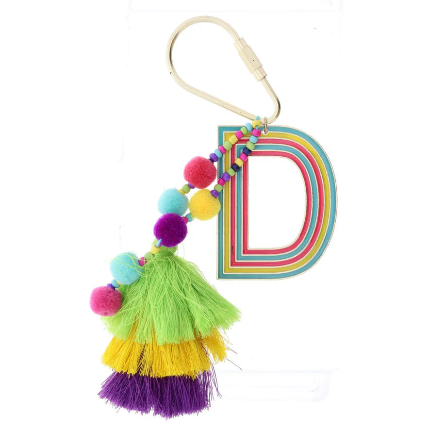 "d" tagged for me keychain on a white background