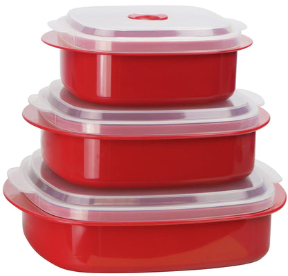 stack of 3 red storage containers with lids on white background.