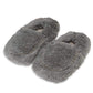 dark grey plush slippers on white background.