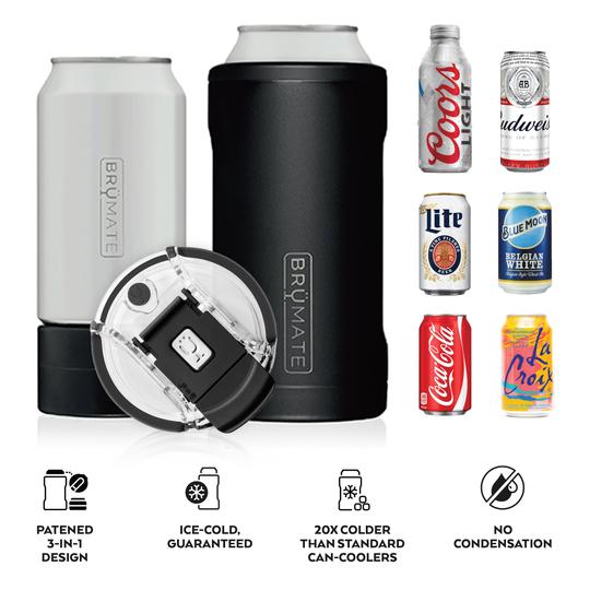 hopsulator trio 3-in-1 illustrating how it converts from 16 ounce cans to 16 ounce tumbler on a white background