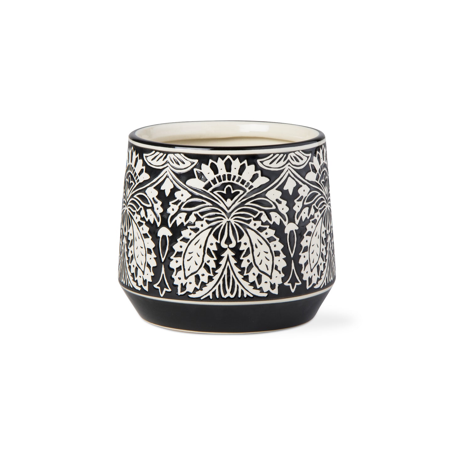 black and white planter with abstract floral design on white background.