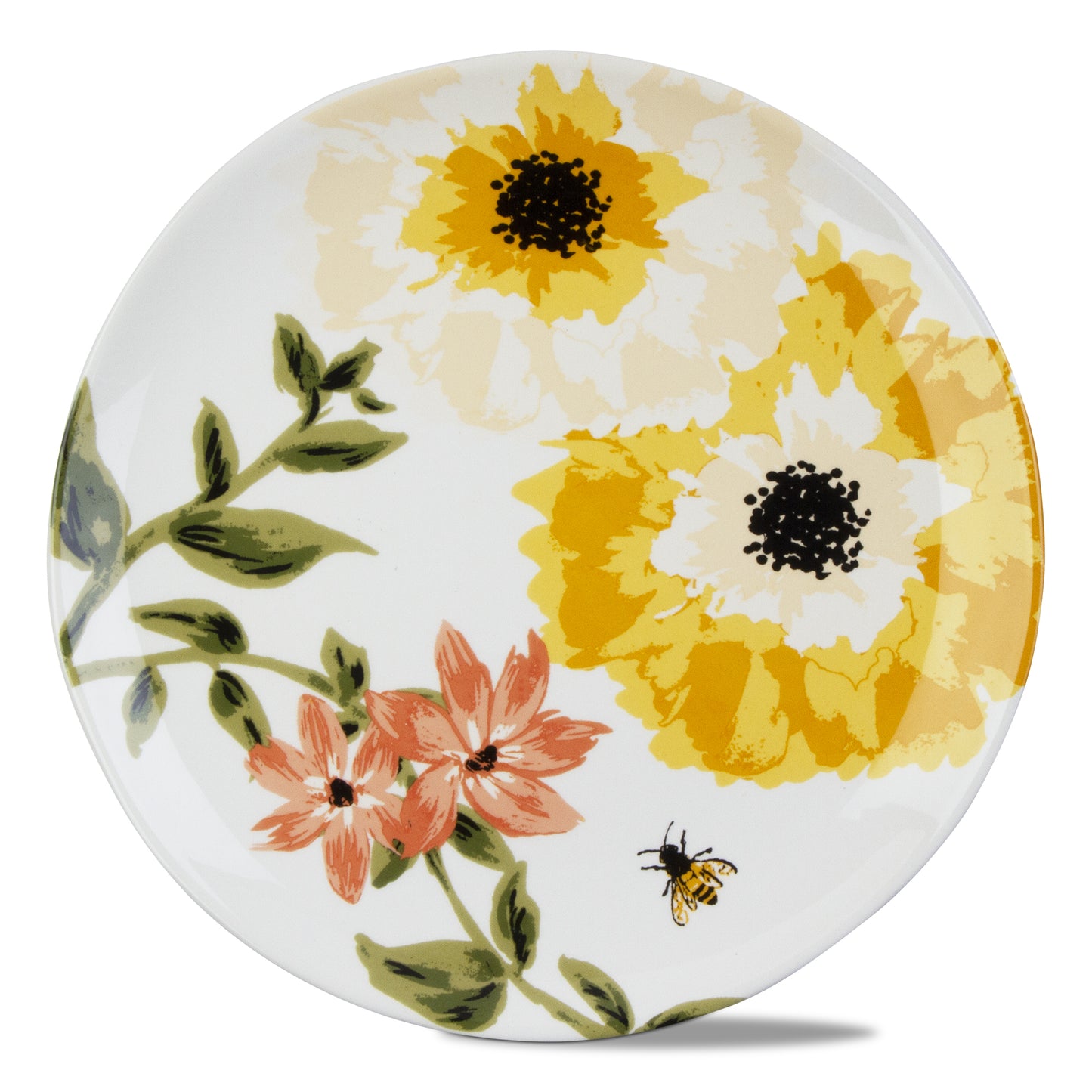 white platter with yellow and peach colored flowers and a bee in it.
