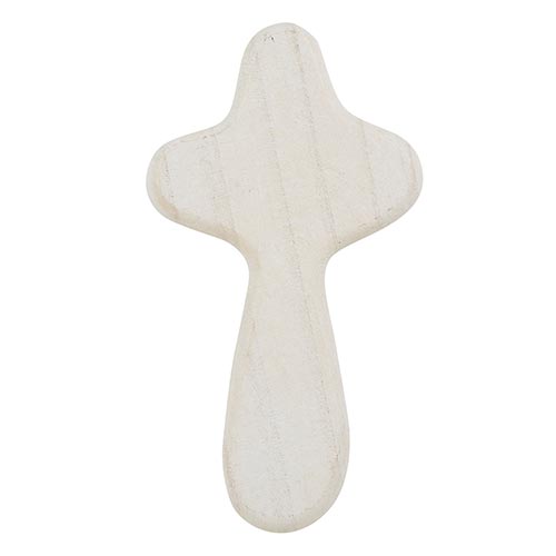 white hand held wooden cross on a white background