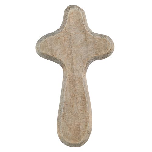 grey hand held wooden cross on a white background