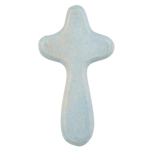 blue hand held wooden cross on a white background