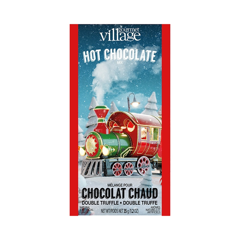 individual packet of holiday train hot chocolate displayed against a white background