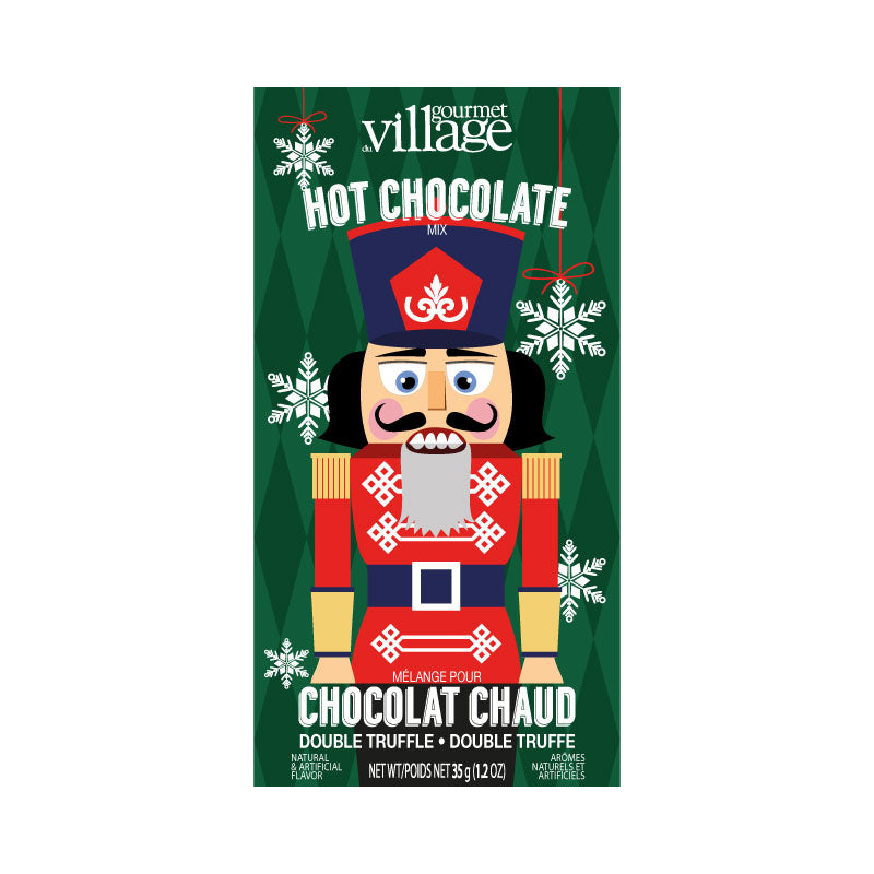 packet of hot chocolate with graphic of nutcracker on it.