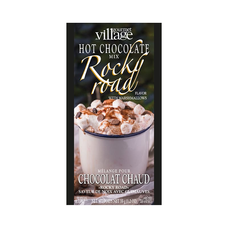 individual packet of rocky road hot chocolate displayed against a white background