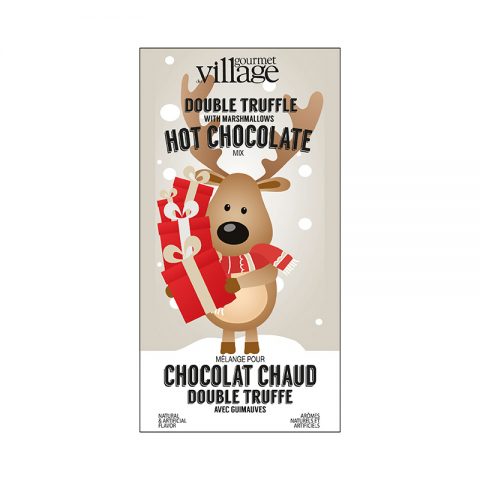 individual packet of retro reindeer hot chocolate displayed against a white background