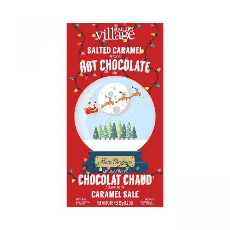 individual packet of salted caramel hot chocolate on a white background.