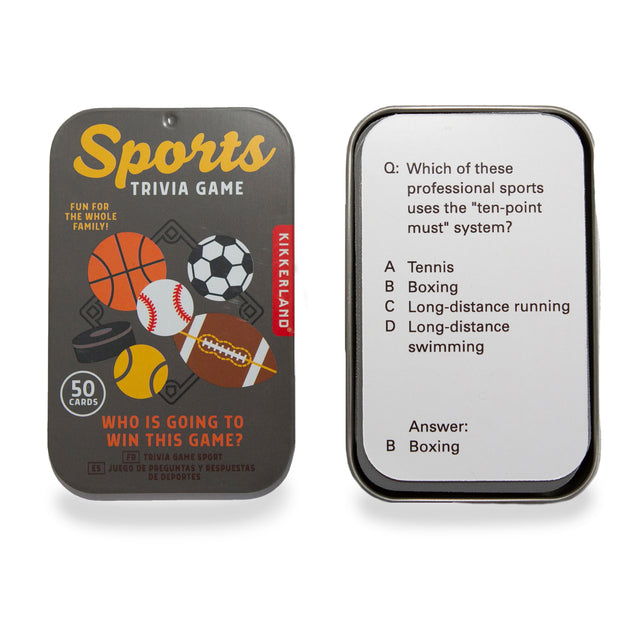sports trivia cards displayed inside the tin container with the lid next to it on a white background