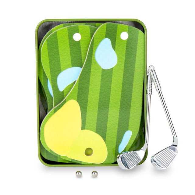 golf cards displayed in the tin holder next to two mini golf clubs and mini golf balls displayed on a white background