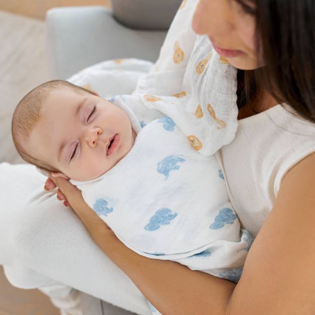 a swaddled baby being held by a women in a chair