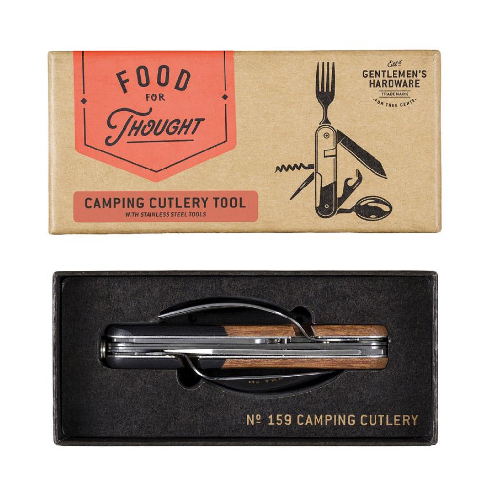 the camping cutlery tool shown in the box on a white background