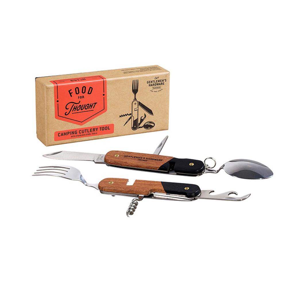 the camping cutlery tool displayed open with the box on a white background