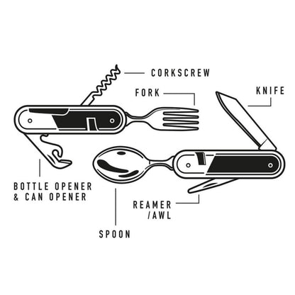 the camping cutlery tool illustrating all the capabilities on a white background 
