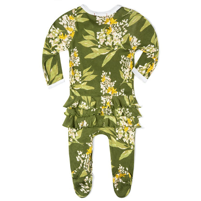 back view of the green floral ruffle footed romper is all green with white and yellow flowers displayed on a white background