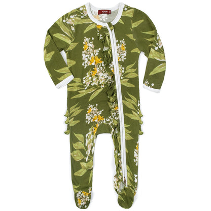 green floral ruffle footed romper is all green with white and yellow flowers displayed on a white background