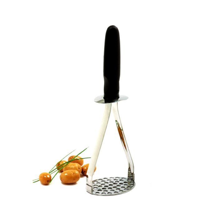 stainless steel masher with black handle next to potatoes.