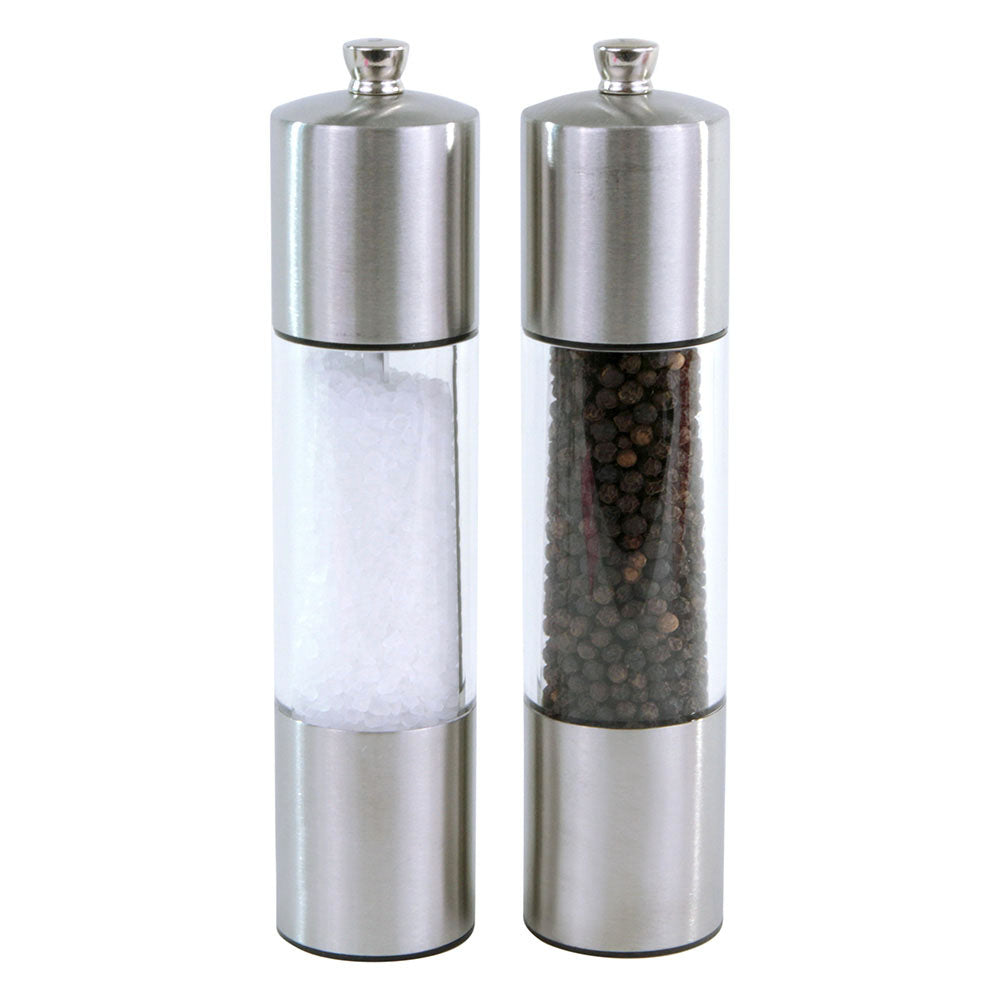 stainless and acrylic salt and pepper grinders on white background