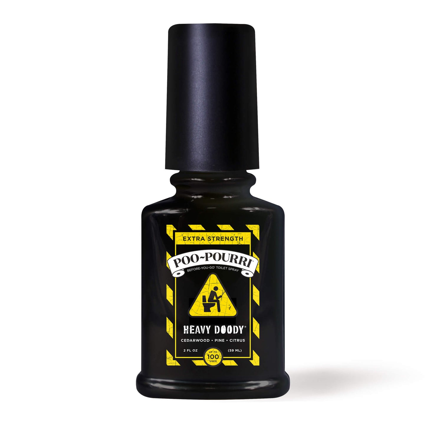heavy doody spray bottle is black with black and yellow label on a white background