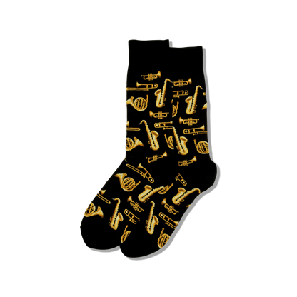 black jazz instruments crew socks displayed flat on a white background