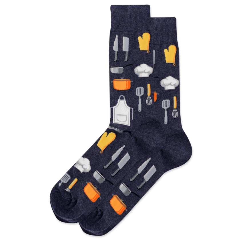 men's chef crew socks are denim with aprons, oven mitts, pots and pans all over and displayed against a white background