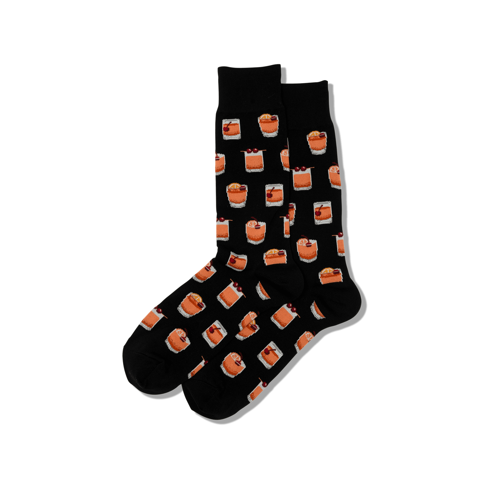 men's old fashioned crew socks are black the drink glasses all over and displayed against a white background