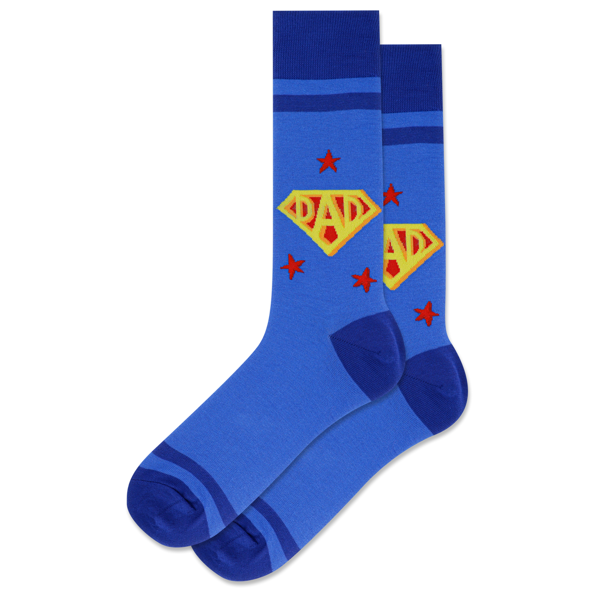 blue super dad socks displayed flat on a white background