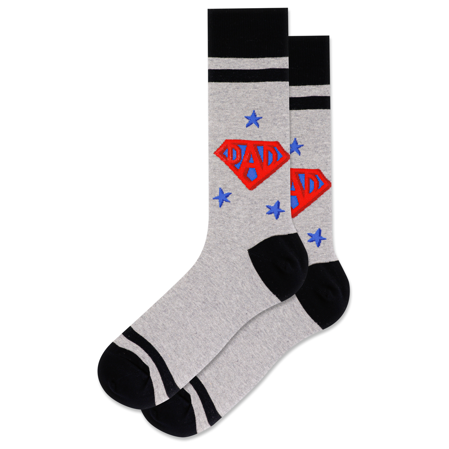 gray super dad socks displayed flat on a white background