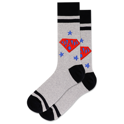 gray super dad socks displayed flat on a white background