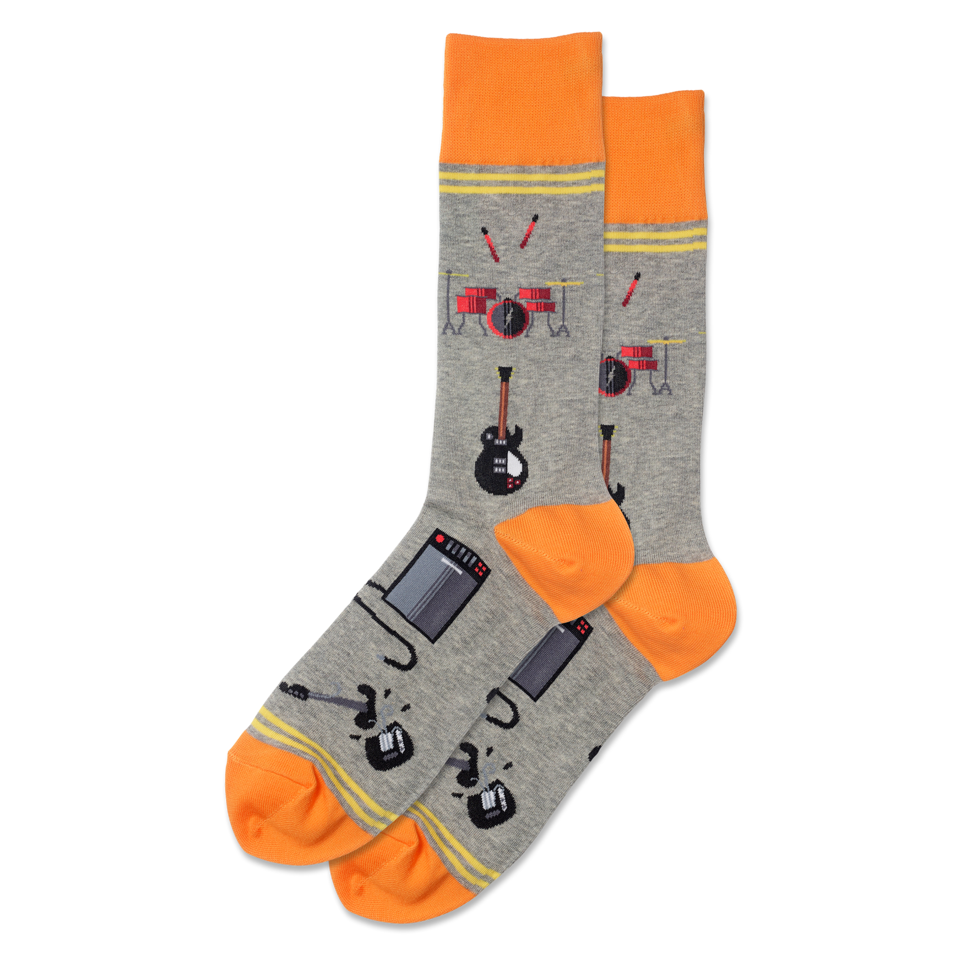 men's garage brand socks are gray and orange with guitars, amps, and drums all over and displayed against a white background