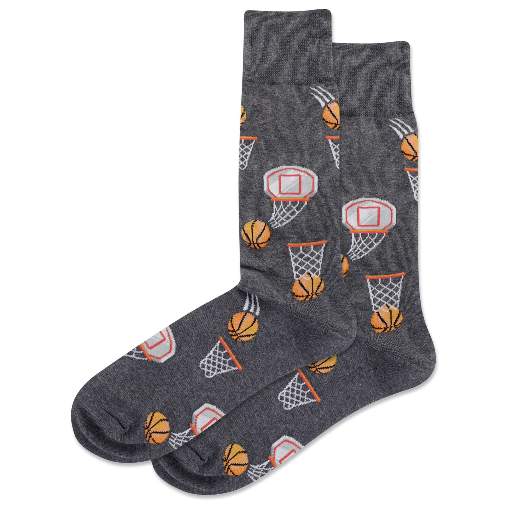 men's basketball socks are charcoal with basketballs and hoops all over and displayed against a white background