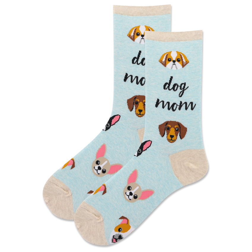 a pair of dog mom crew socks on a white background