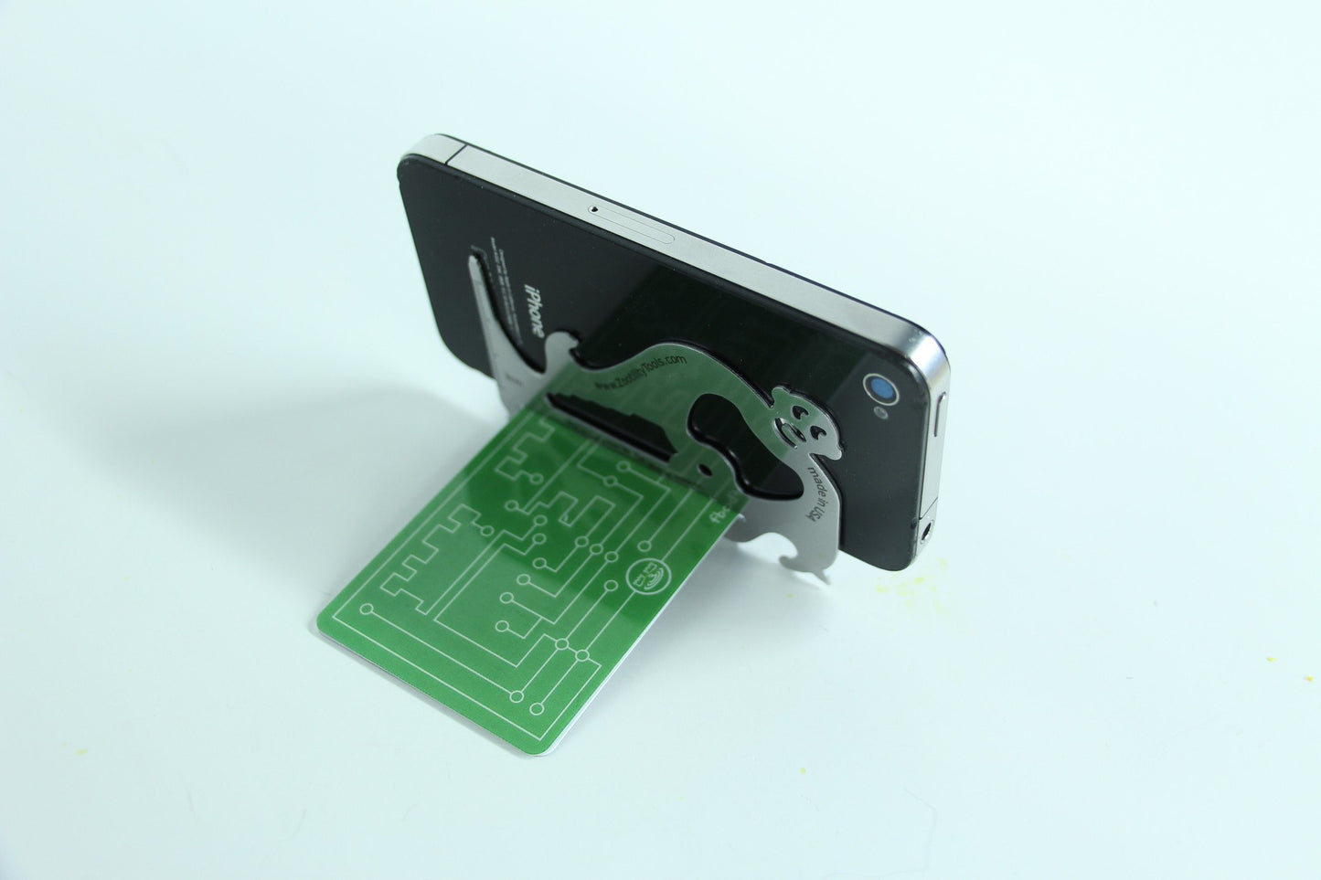 PocketMonkey tool used as phone stand.