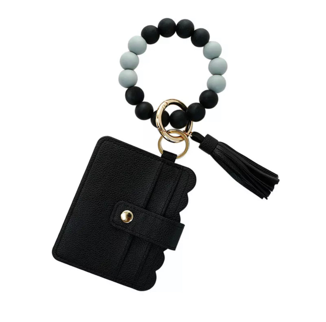 colorful silicone bracelet with black wallet and tassel attached to it.