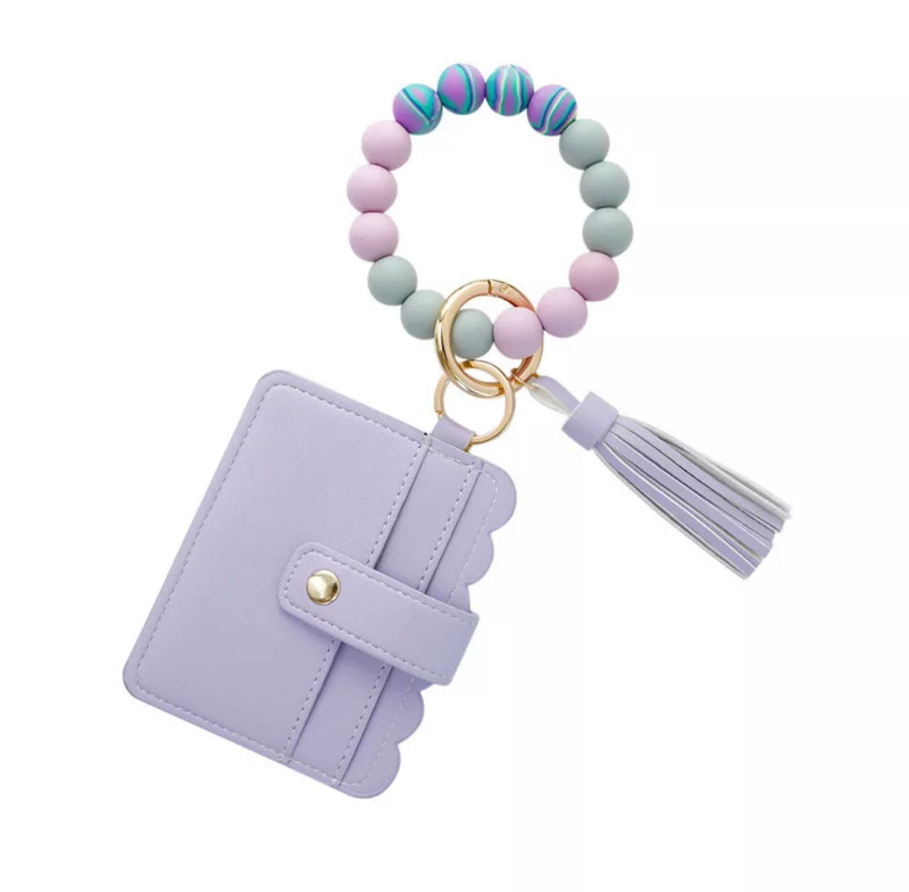 colorful silicone bracelet with lavender wallet and tassel attached to it.