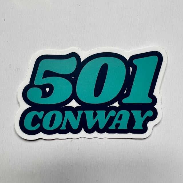 sticker on white background. sticker has "501" with "conway" underneath in teal blue with black outline of numbers and letters.