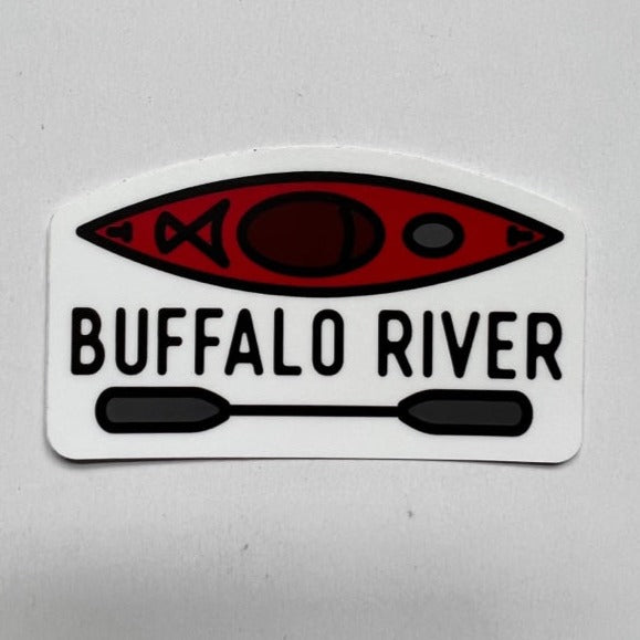 sticker on white background. sticker has graphic of kayak and paddle, "buffalo river" is written in the center.