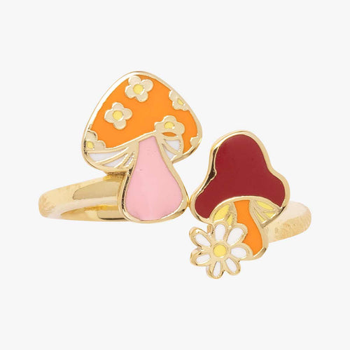 adjustible gold ring with colorful mushrooms on the ends of the adjustment openings.