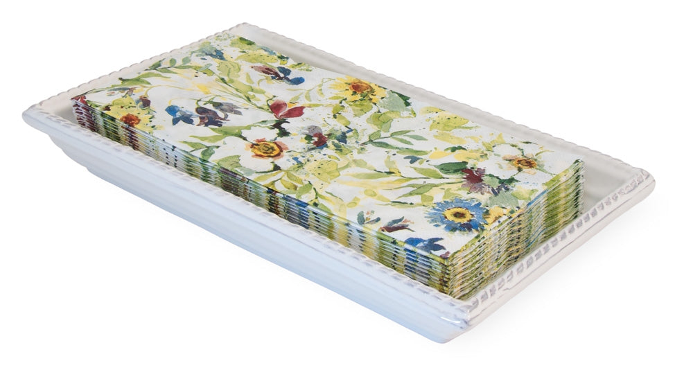 tray with floral napkins in it.