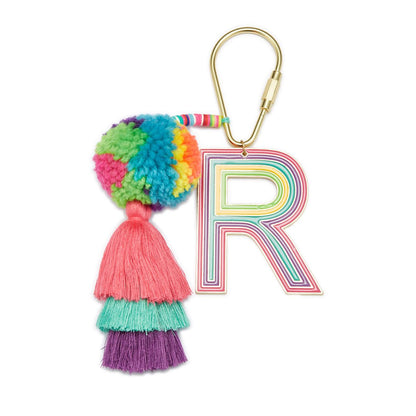 "r" tagged for me keychain on a white background