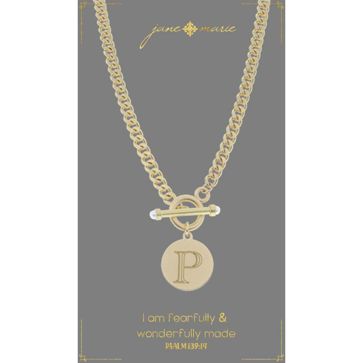 "p" stamped letter necklace on a gray display card on a white background